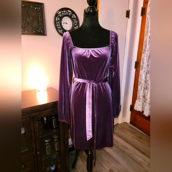 🔮AND NOW THIS ~ Purple Velvet Long Sleeve Belted Dress NWOT - Picture 2 of 4
